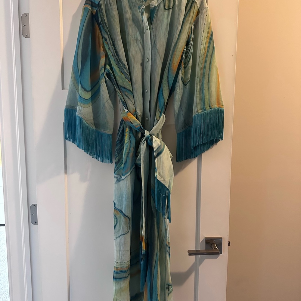 Simkhai Odelia Marble Print Fringe Sleeve Cover Up Robe